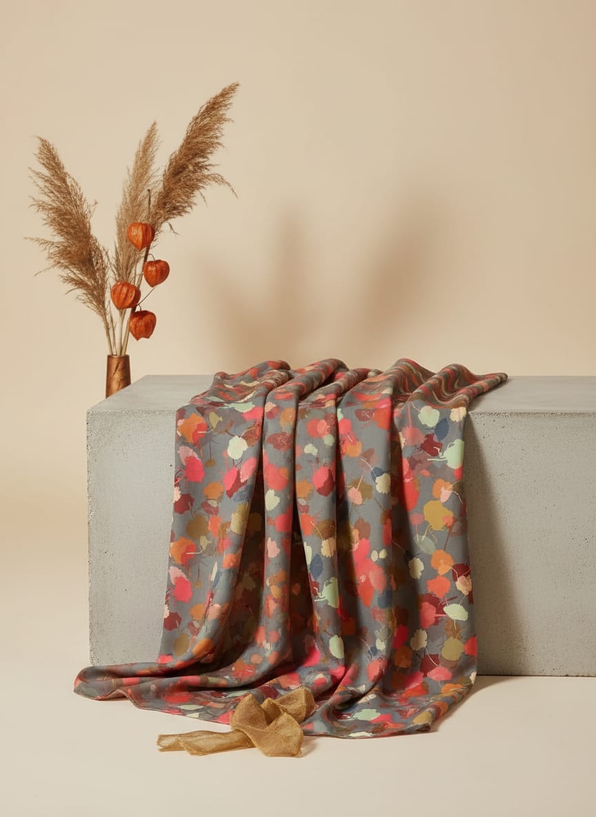Multicolor Abstract Painterly Leaves Weightless Digital Printed Fabric
