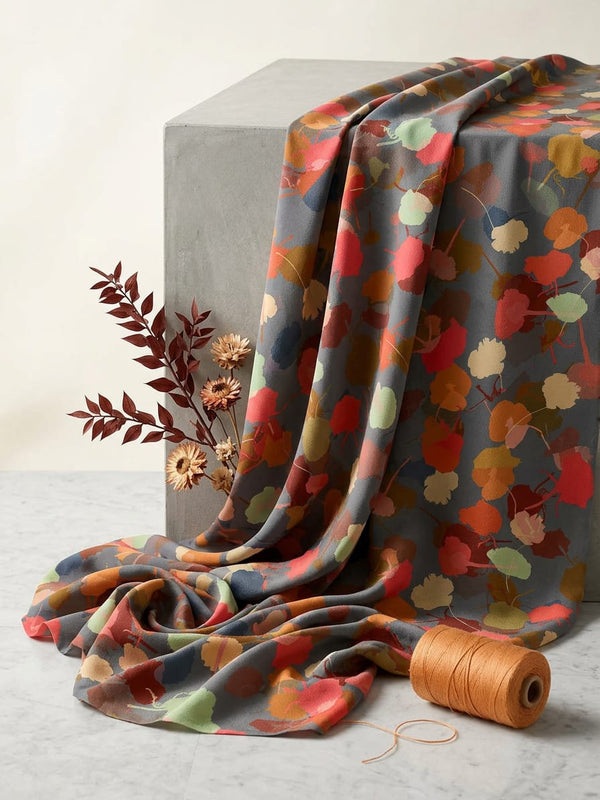 Grey Abstract Painterly Leaves Silk Crepe Digital Printed Fabric