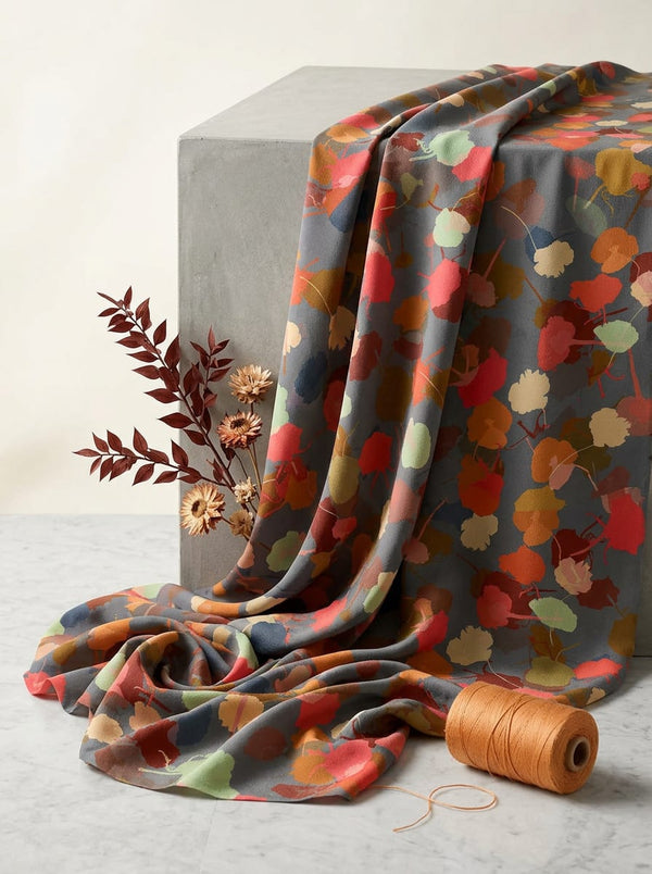 Grey Abstract Painterly Leaves Silk Crepe Digital Printed Fabric - Fabric Editorial Studio Flatlay Lookbook - CR-0-TA06965A-110