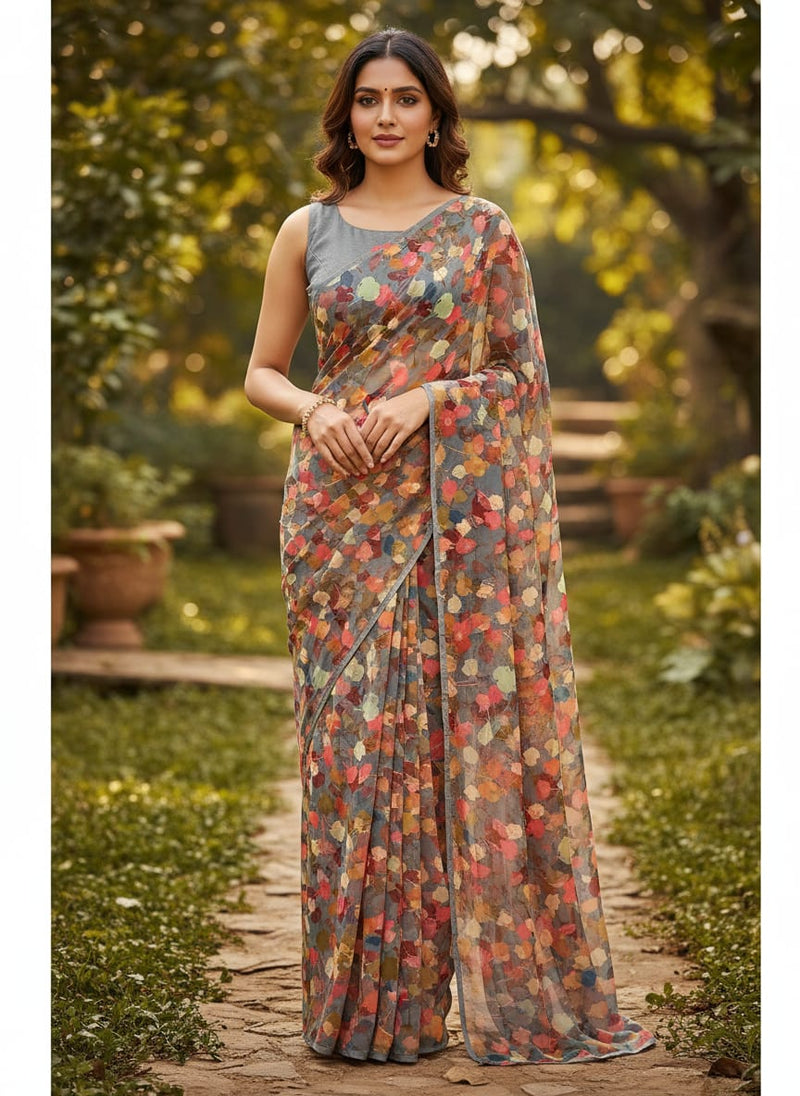 Watercolour Spotted Random Multicolour Flower Digital Printed Fabric - Pure Georgette