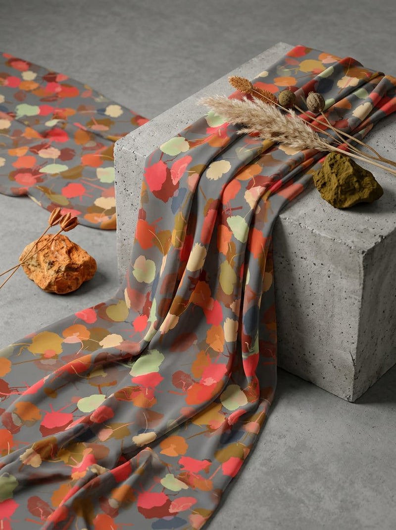 Grey Abstract Autumnal Leaves Pure Georgette Digital Printed Fabric