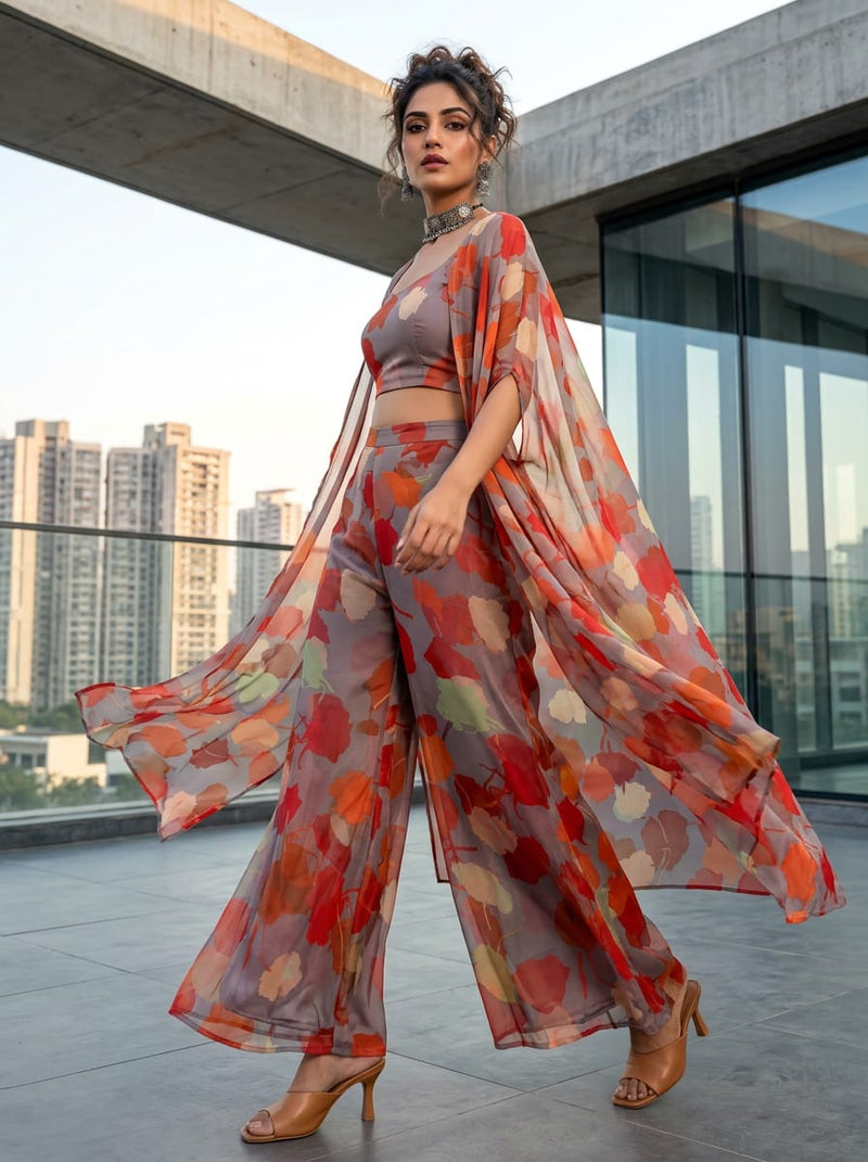 Multicolor Painterly Autumn Leaves Pure Chiffon Digital Printed Fabric