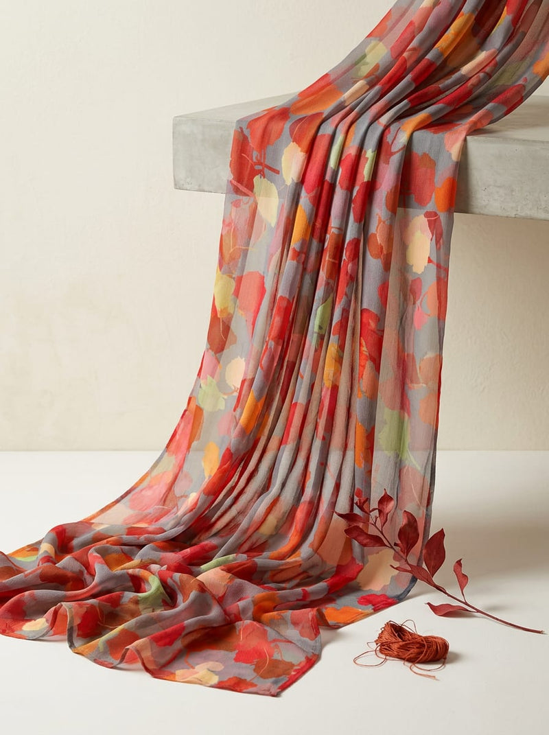 Multicolor Painterly Autumn Leaves Pure Chiffon Digital Printed Fabric