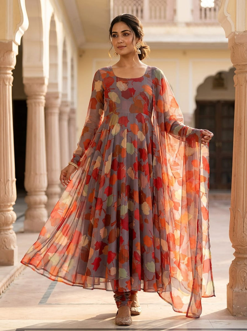 Multicolor Painterly Autumn Leaves Pure Chiffon Digital Printed Fabric