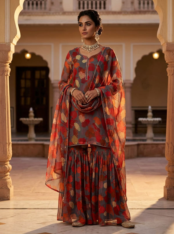 Multicolor Painterly Autumn Leaves Pure Chiffon Digital Printed Fabric - Gharara Set Lookbook - PCH-0-TA06965A-96 - alternate view
