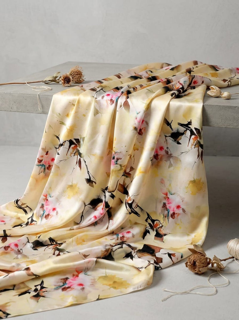 Cream Abstract Watercolour Floral Japan Satin Digital Printed Fabric