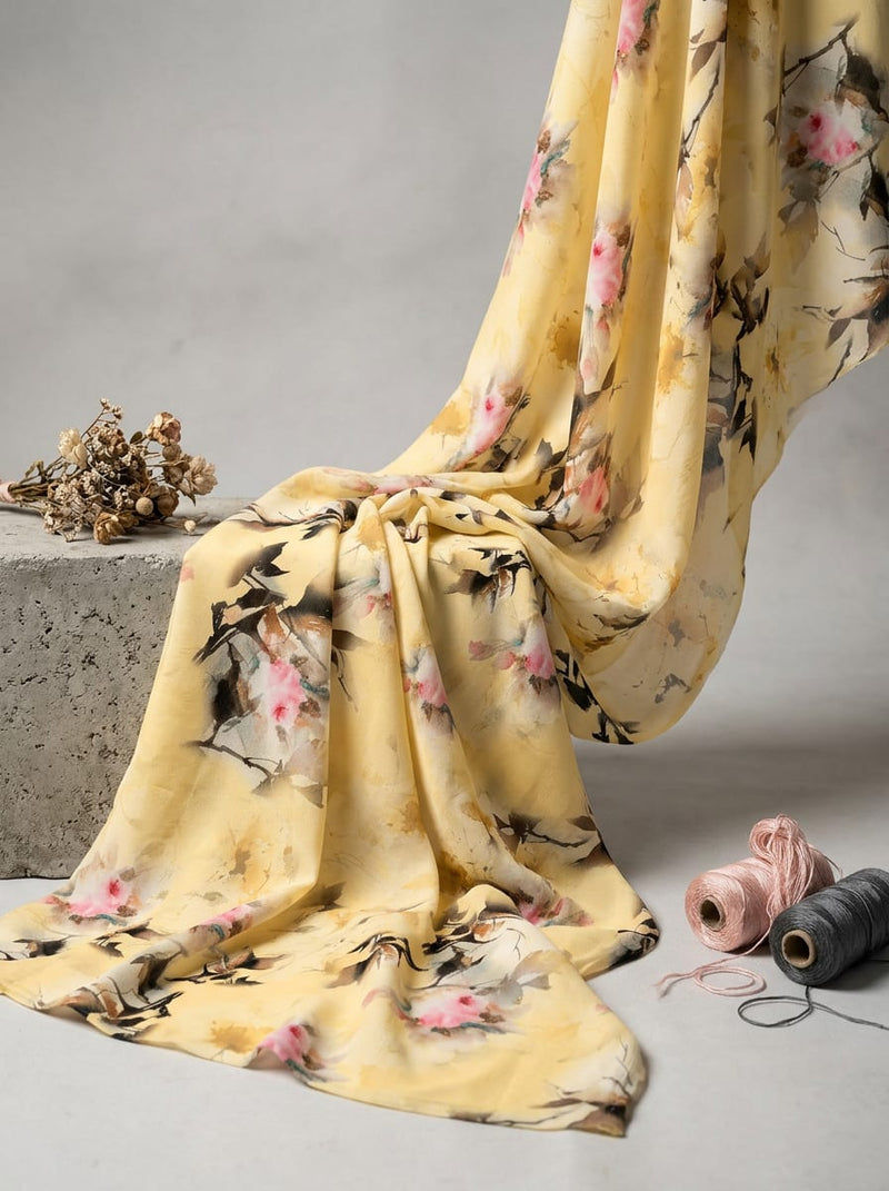 Yellow Watercolor Floral Bouquet Weightless Digital Printed Fabric