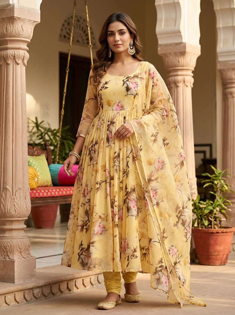 Yellow Watercolor Floral Bouquet Weightless Digital Printed Fabric