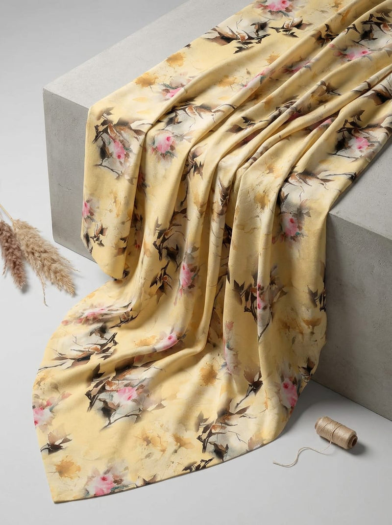 Yellow Watercolour Floral Bouquet Silk Crepe Digital Printed Fabric