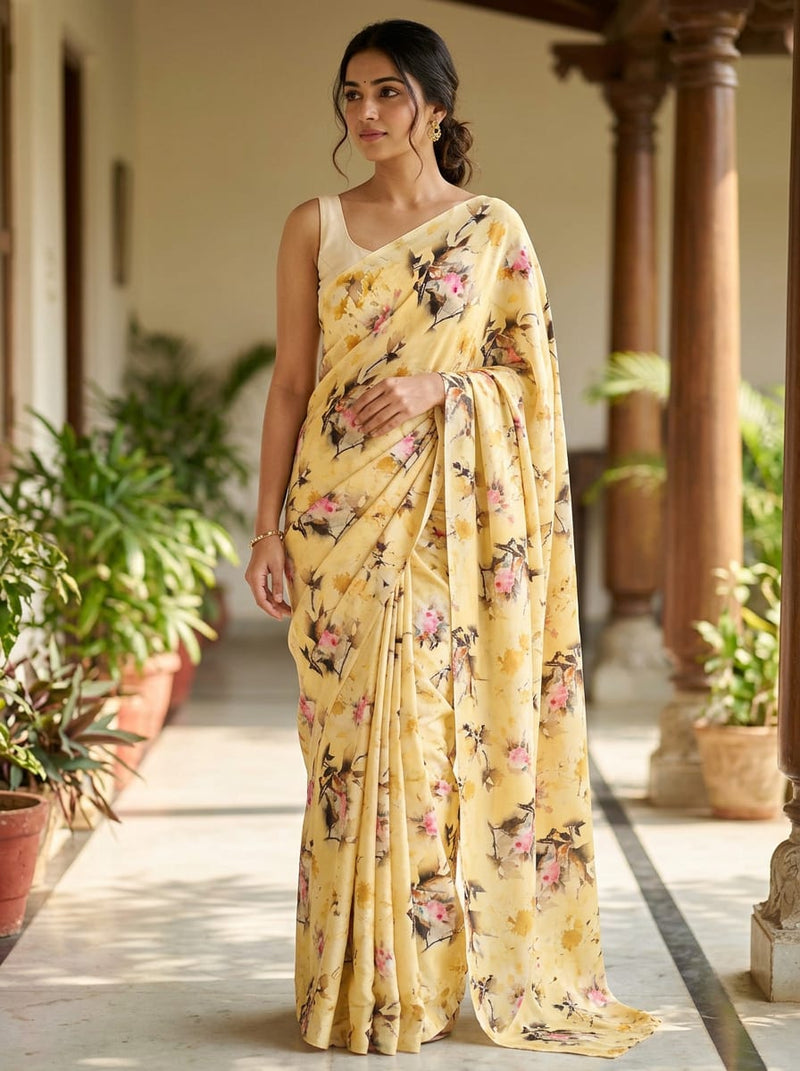 Yellow Watercolour Floral Bouquet Silk Crepe Digital Printed Fabric