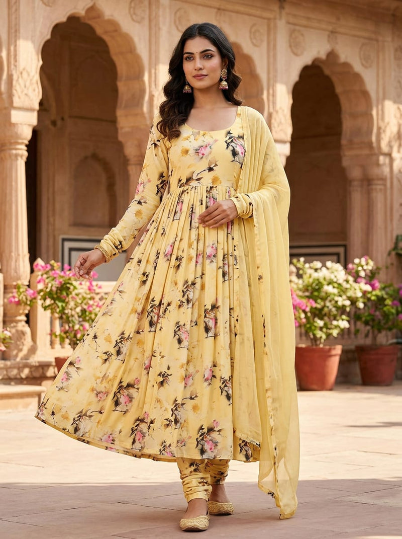 Yellow Watercolour Floral Bouquet Silk Crepe Digital Printed Fabric