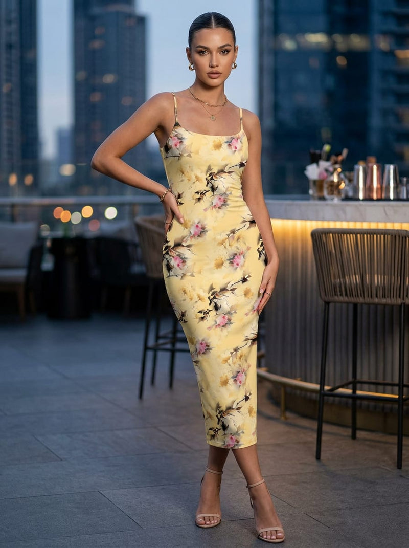 Yellow Watercolour Floral Bouquet Silk Crepe Digital Printed Fabric