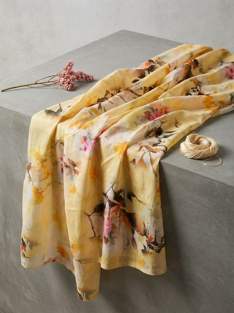 Yellow Abstract Watercolour Floral Pure Cotton Digital Printed Fabric
