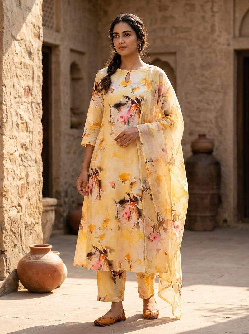 Yellow Abstract Watercolour Floral Pure Cotton Digital Printed Fabric