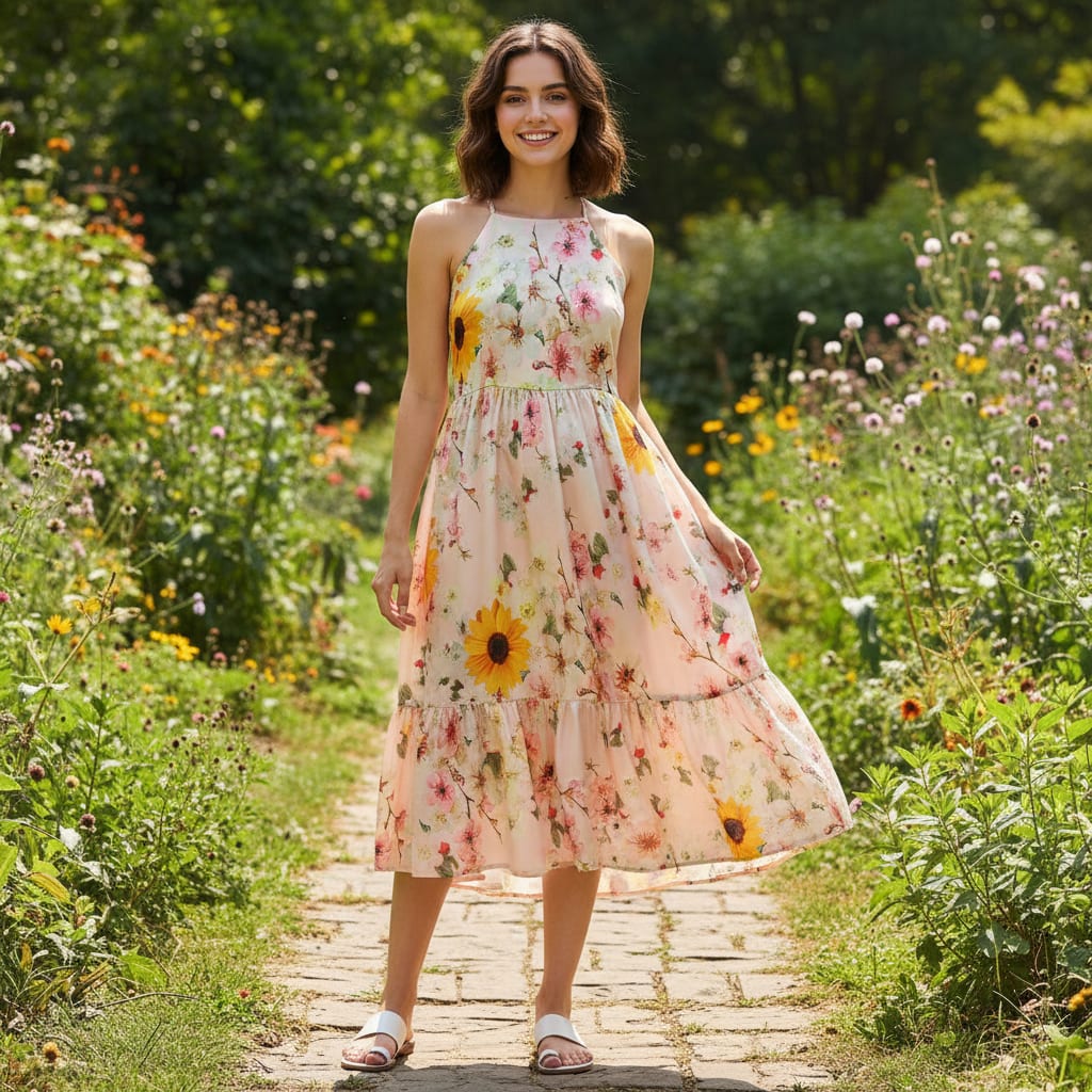 Decorative Multicolour Sunflower Digital Printed Fabric - Japan Satin