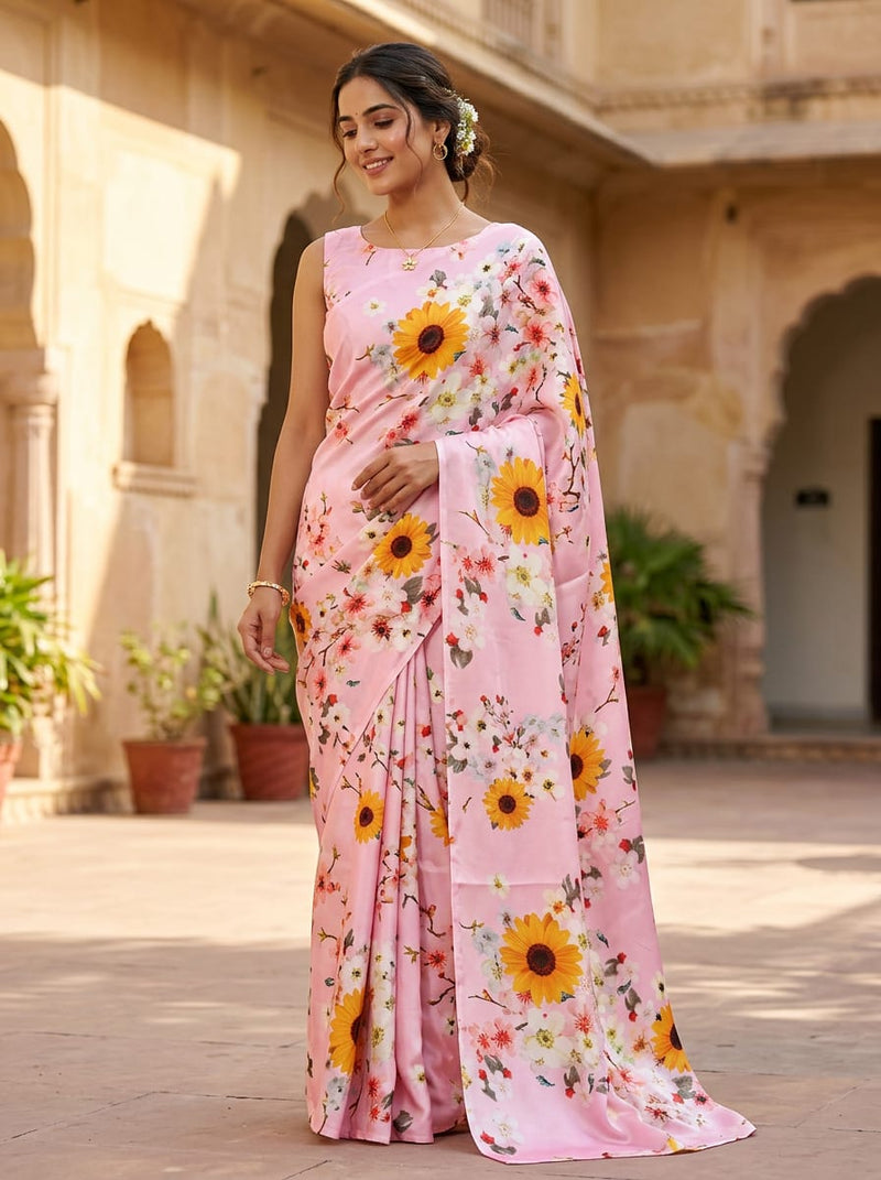 Pink Sunflower and Cherry Blossom Floral Silk Crepe Digital Printed Fabric