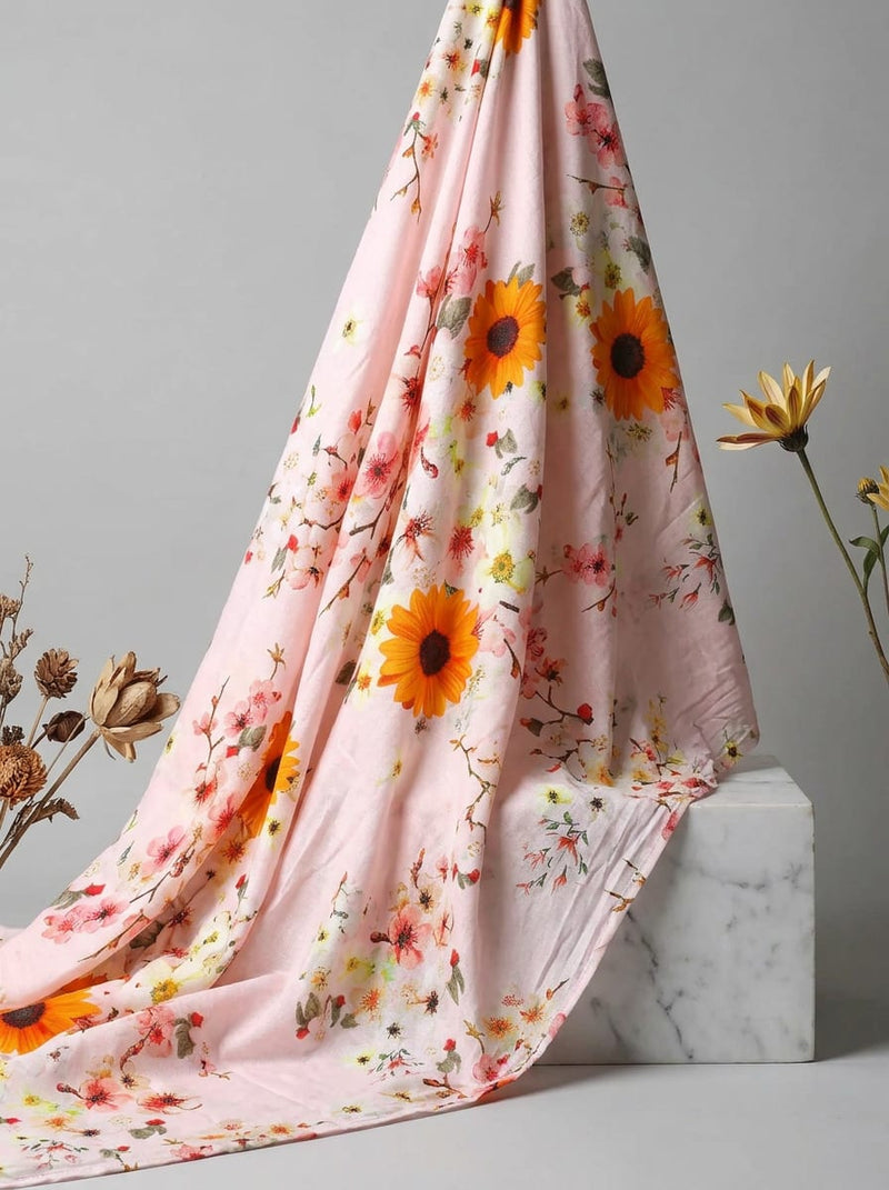 Pink Watercolor Mixed Floral Pure Cotton Digital Printed Fabric