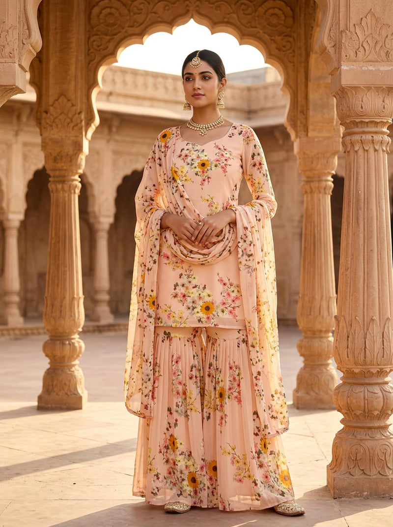 Peach Dainty Sunflower and Blossom Print Pure Georgette Digital Printed Fabric