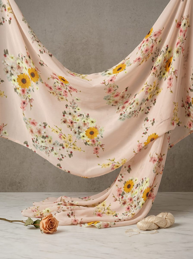 Peach Dainty Sunflower and Blossom Print Pure Georgette Digital Printed Fabric