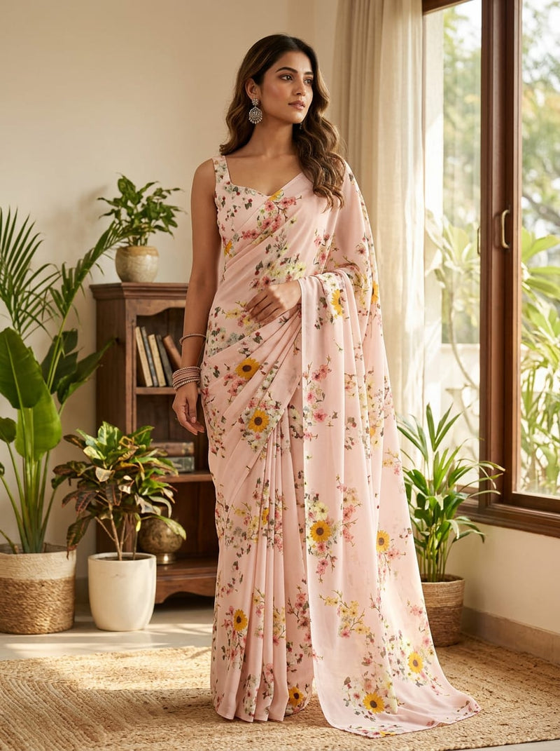 Peach Dainty Sunflower and Blossom Print Pure Georgette Digital Printed Fabric