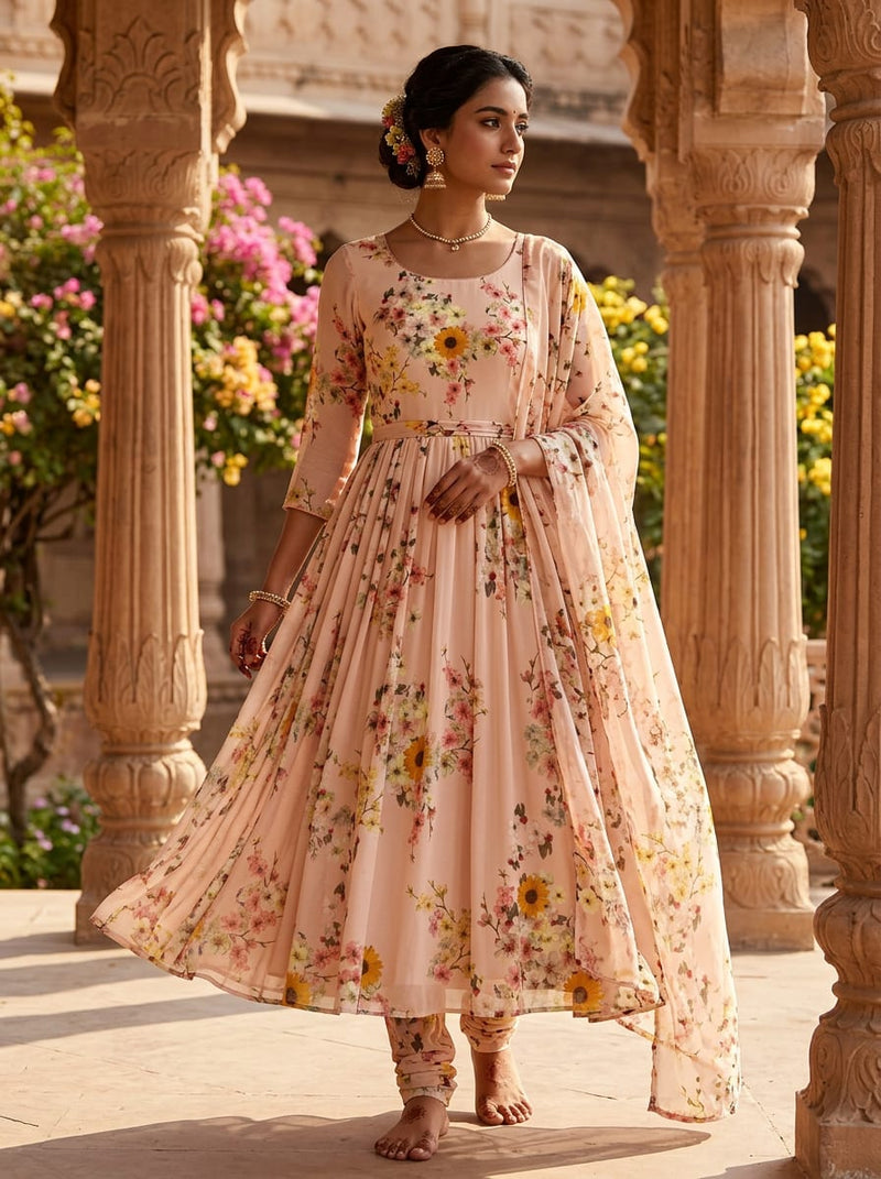 Peach Dainty Sunflower and Blossom Print Pure Georgette Digital Printed Fabric