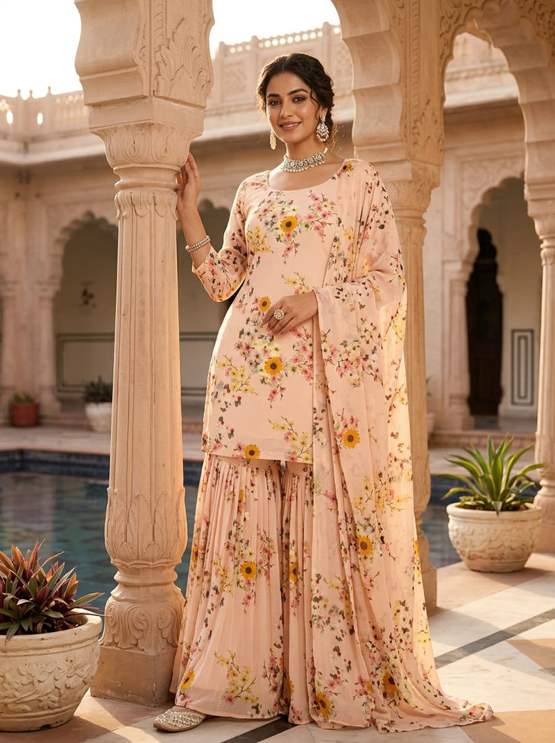 Peach Dainty Sunflower and Blossom Print Pure Georgette Digital Printed Fabric