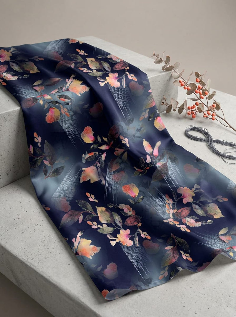 Navy Abstract Botanical Leaf Print Japan Satin Digital Printed Fabric