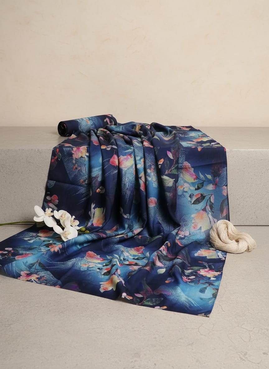 Navy Abstract Watercolor Floral Kora Silk Digital Printed Fabric