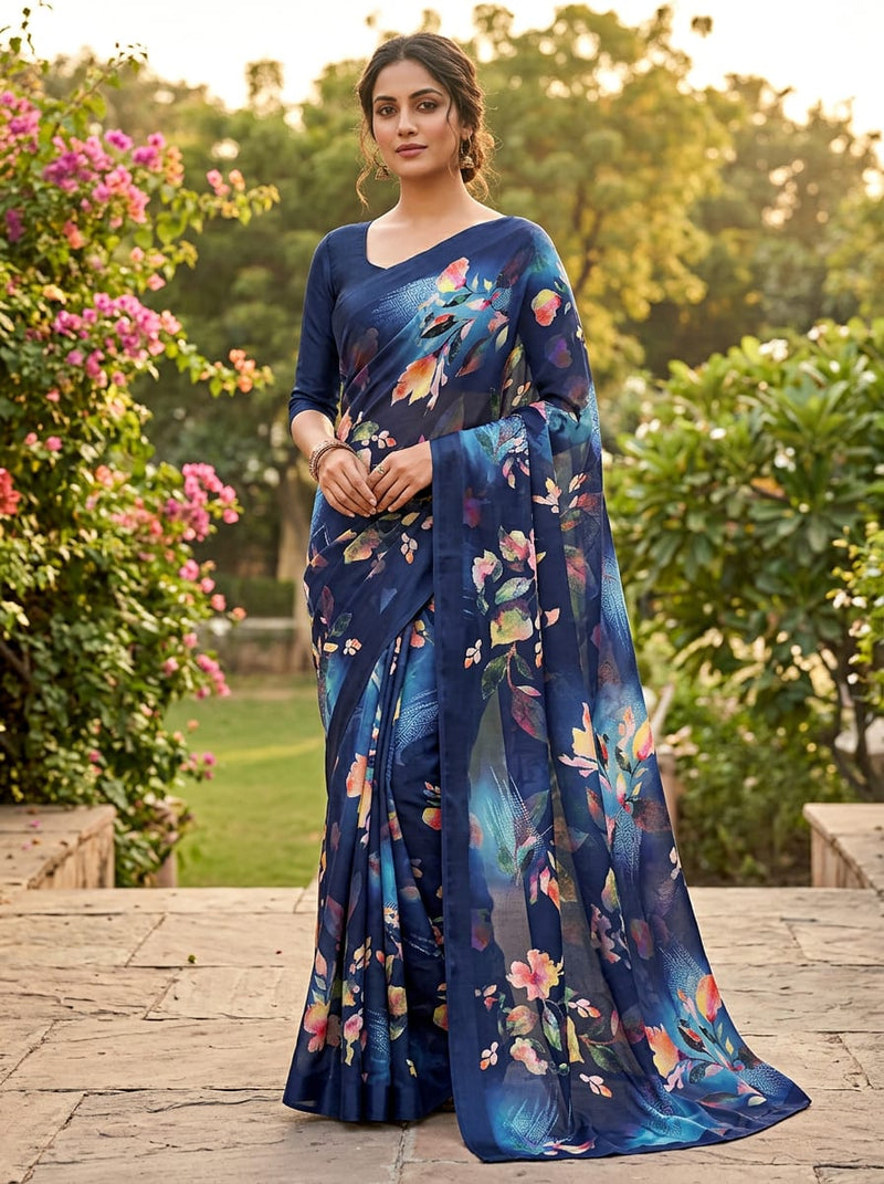 Navy Abstract Watercolor Floral Kora Silk Digital Printed Fabric
