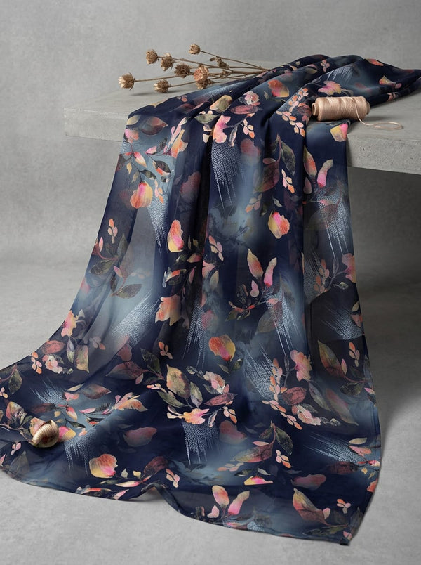 Navy Abstract Painterly Floral Pure Muslin Digital Printed Fabric - Fabric Editorial Studio Flatlay Lookbook - PM-0-TA07145P6-110