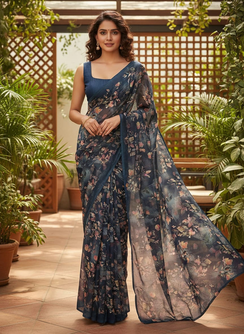 Little Leaves Petals With Blue background Digital Printed Fabric - Pure Georgette