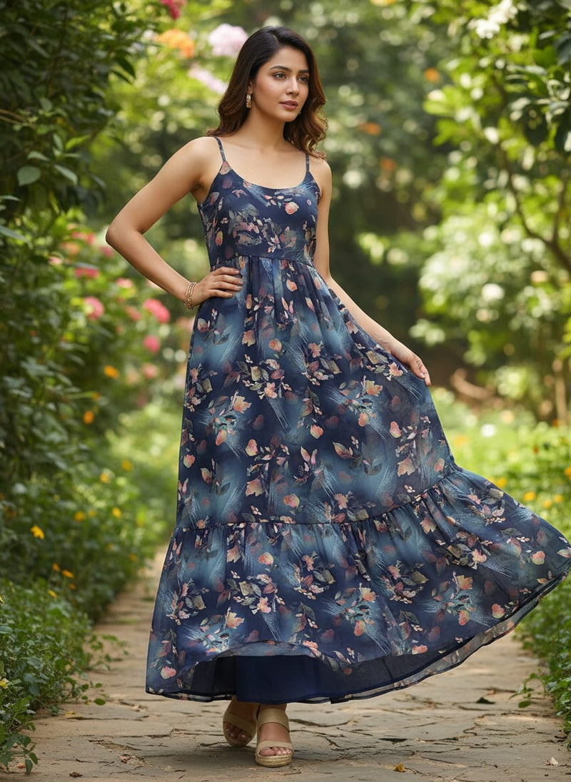 Little Leaves Petals With Blue background Digital Printed Fabric - Pure Georgette