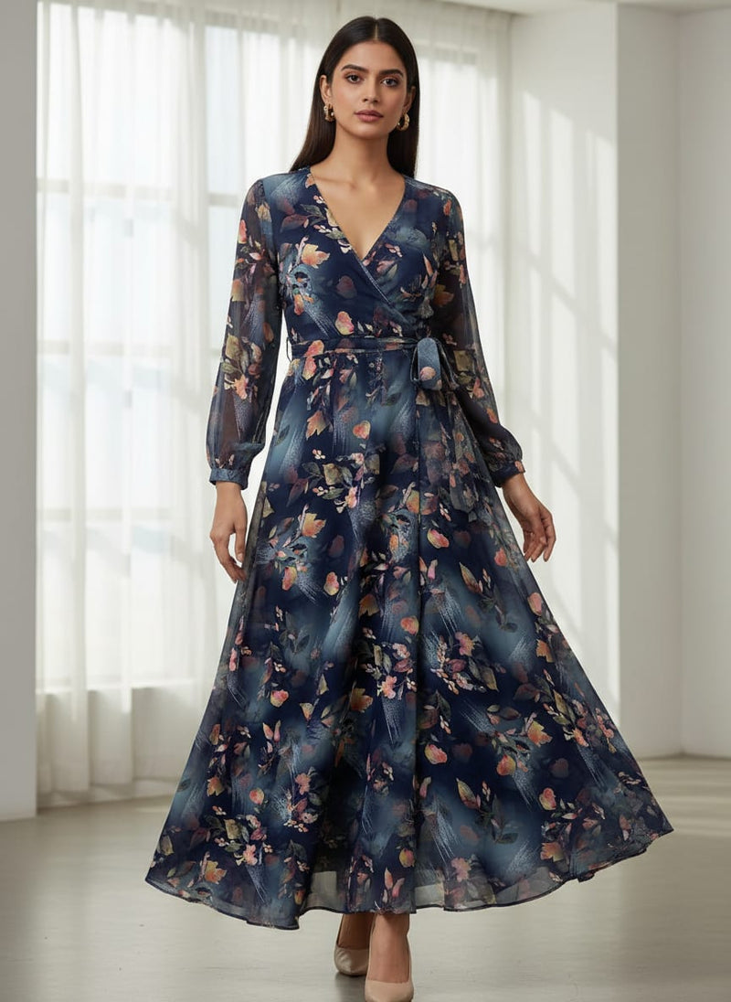 Little Leaves Petals With Blue background Digital Printed Fabric - Pure Georgette