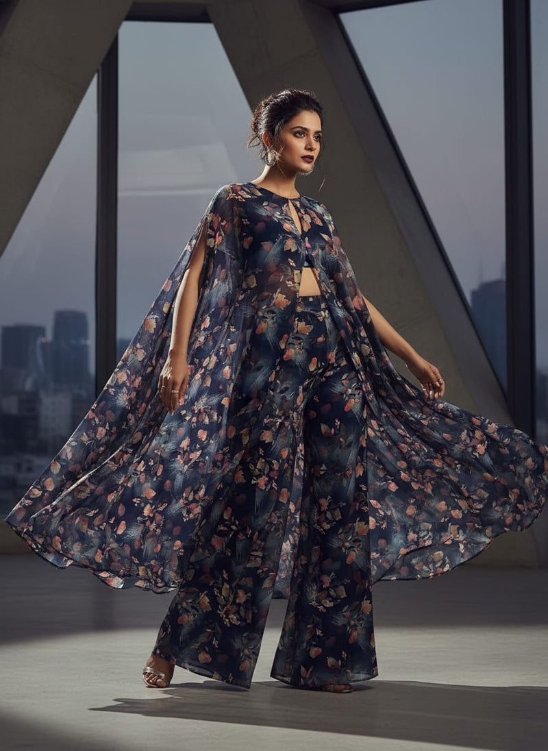Little Leaves Petals With Blue background Digital Printed Fabric - Pure Georgette