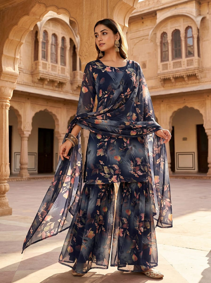 Navy Painterly Autumnal Floral Pure Georgette Digital Printed Fabric
