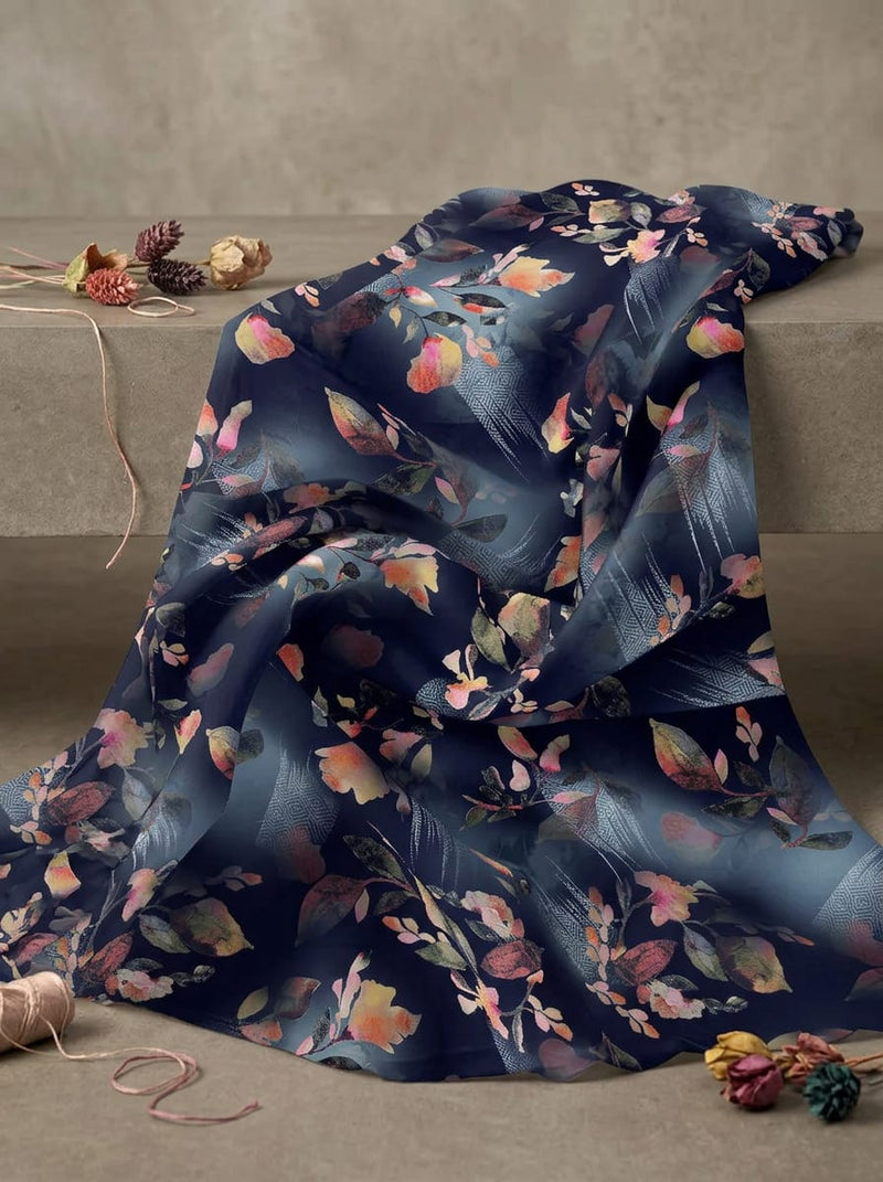 Navy Painterly Autumnal Floral Pure Georgette Digital Printed Fabric