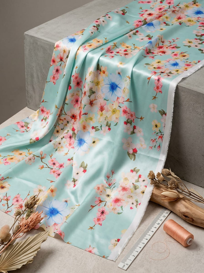 Green Sakura Cherry Blossom Floral Japan Satin Digital Printed Fabric