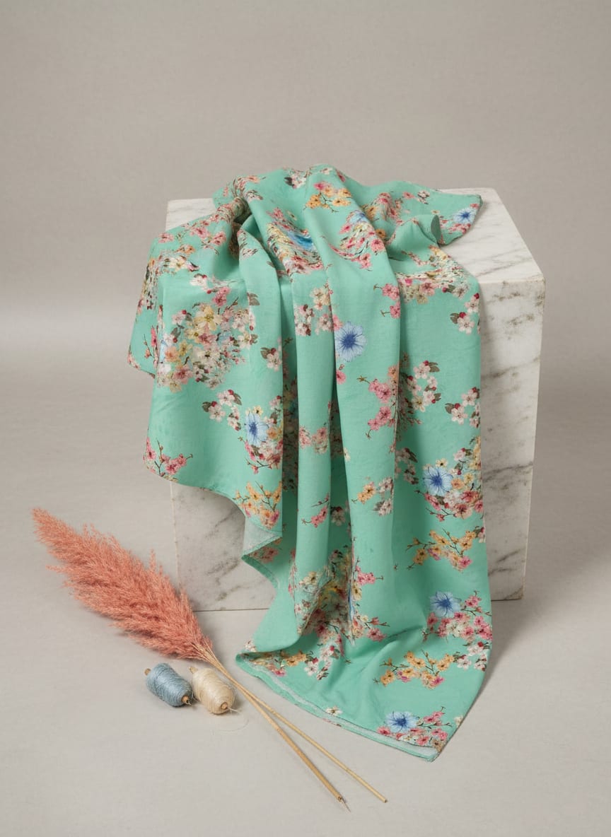 Green Scattered Cherry Blossom Floral Kora Silk Digital Printed Fabric