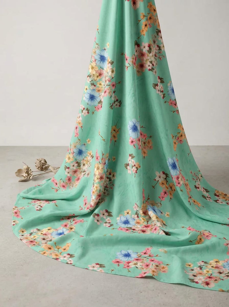 Green Cherry Blossom Floral Silk Crepe Digital Printed Fabric