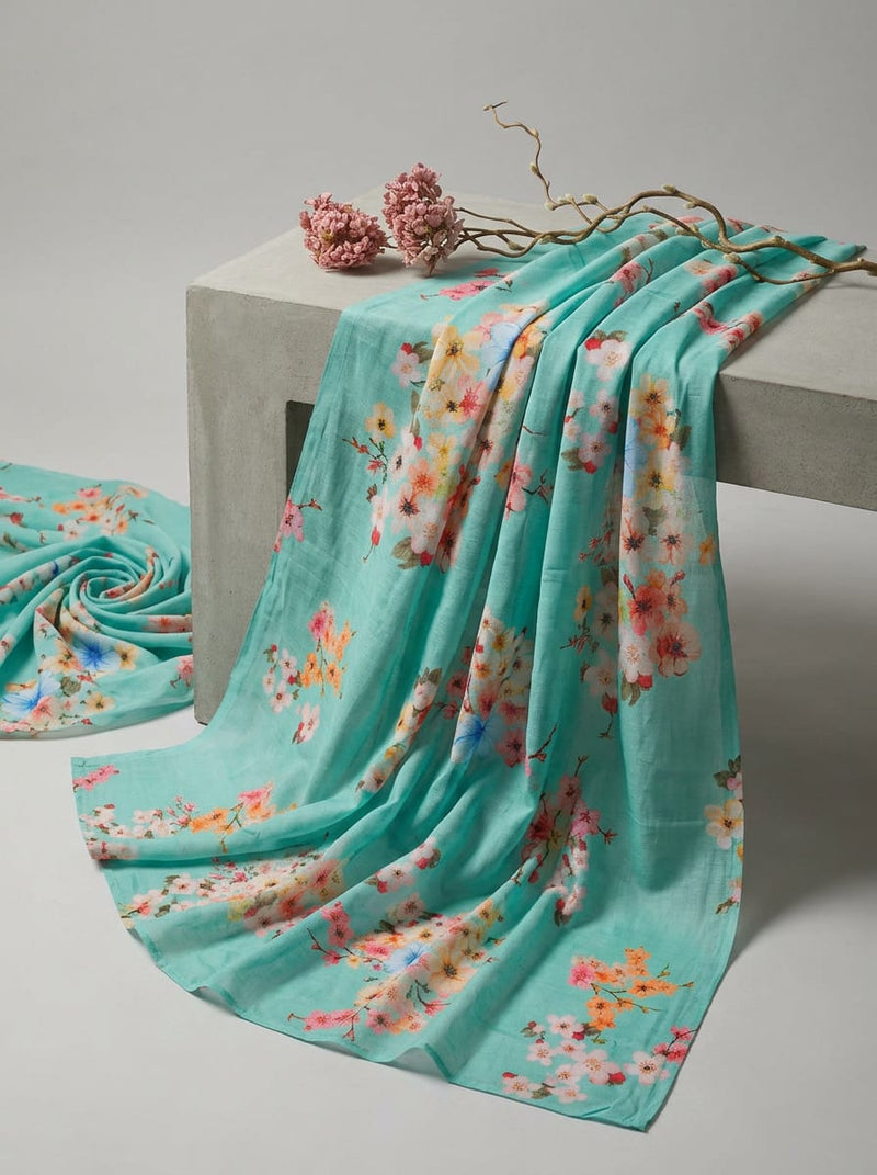 Green Watercolor Blossom Floral Pure Cotton Digital Printed Fabric