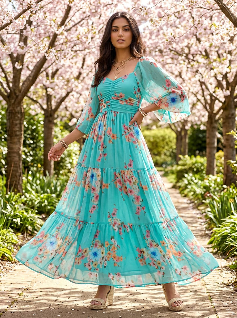 Teal Spring Blossom Floral Pure Georgette Digital Printed Fabric