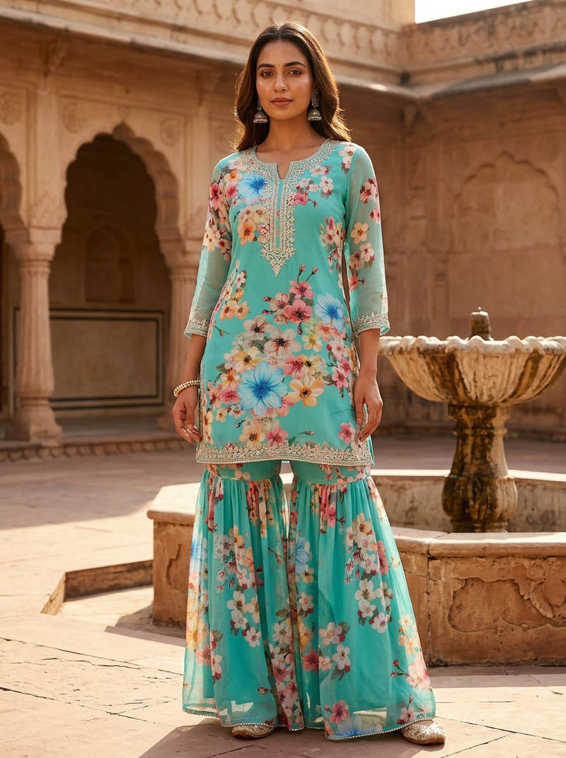 Teal Spring Blossom Floral Pure Georgette Digital Printed Fabric