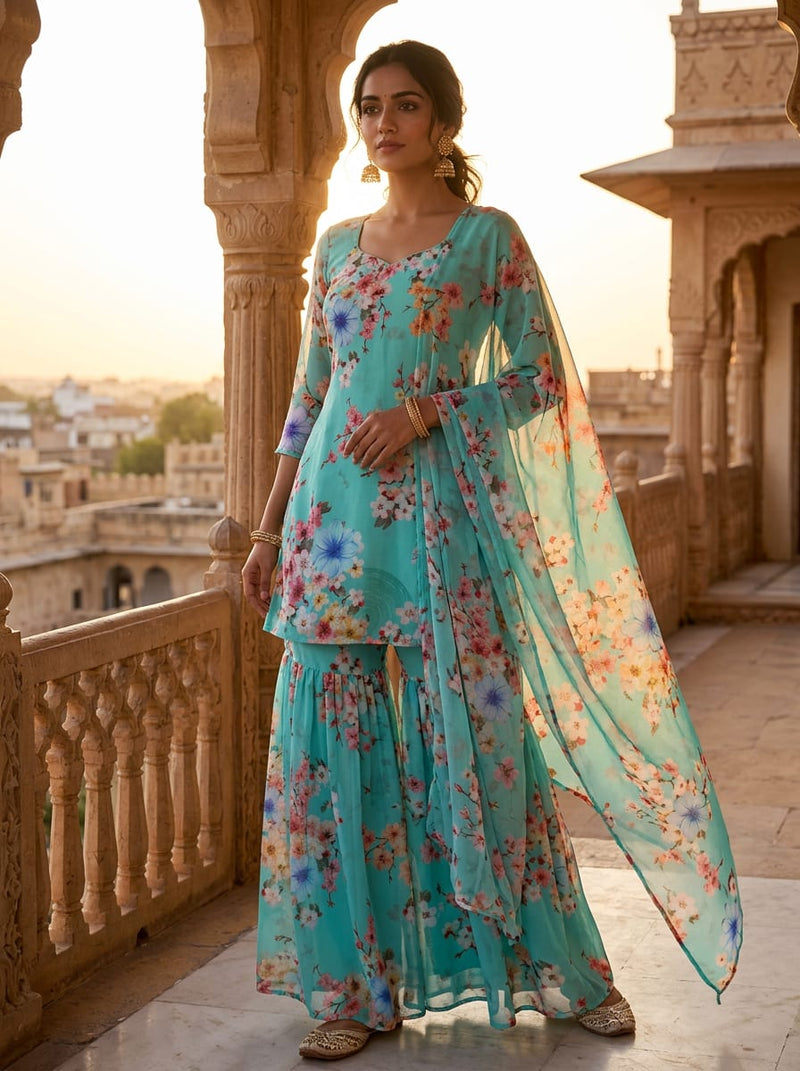 Teal Spring Blossom Floral Pure Georgette Digital Printed Fabric