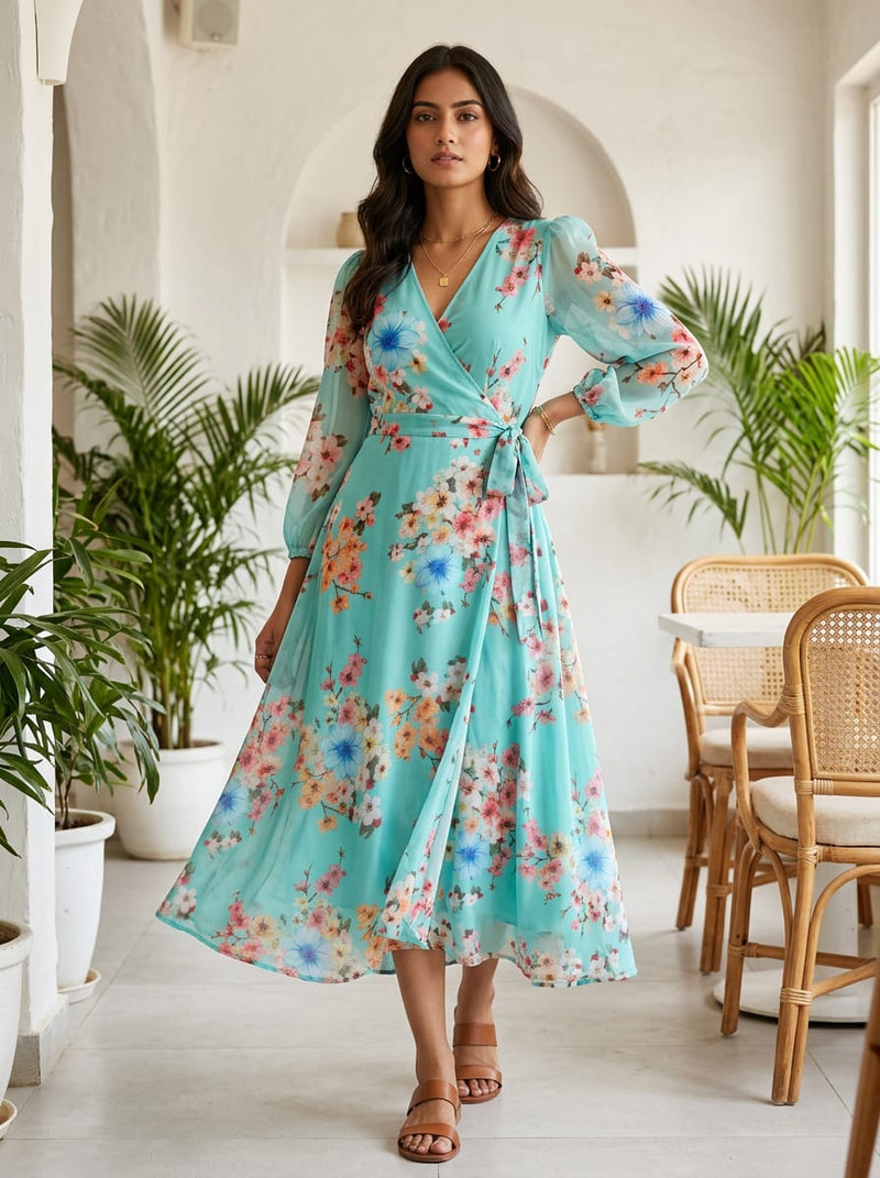 Teal Spring Blossom Floral Pure Georgette Digital Printed Fabric