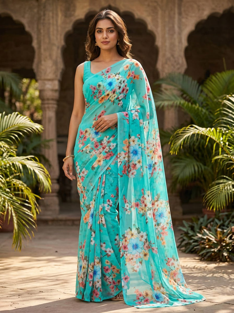 Teal Spring Blossom Floral Pure Georgette Digital Printed Fabric