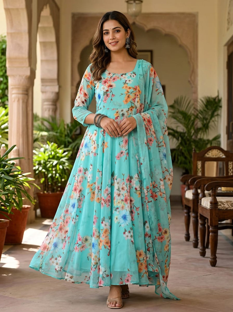 Teal Spring Blossom Floral Pure Georgette Digital Printed Fabric