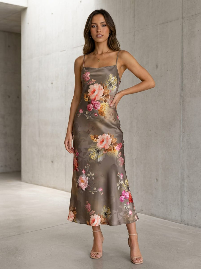 Grey Vintage Rose Bouquet Japan Satin Digital Printed Fabric