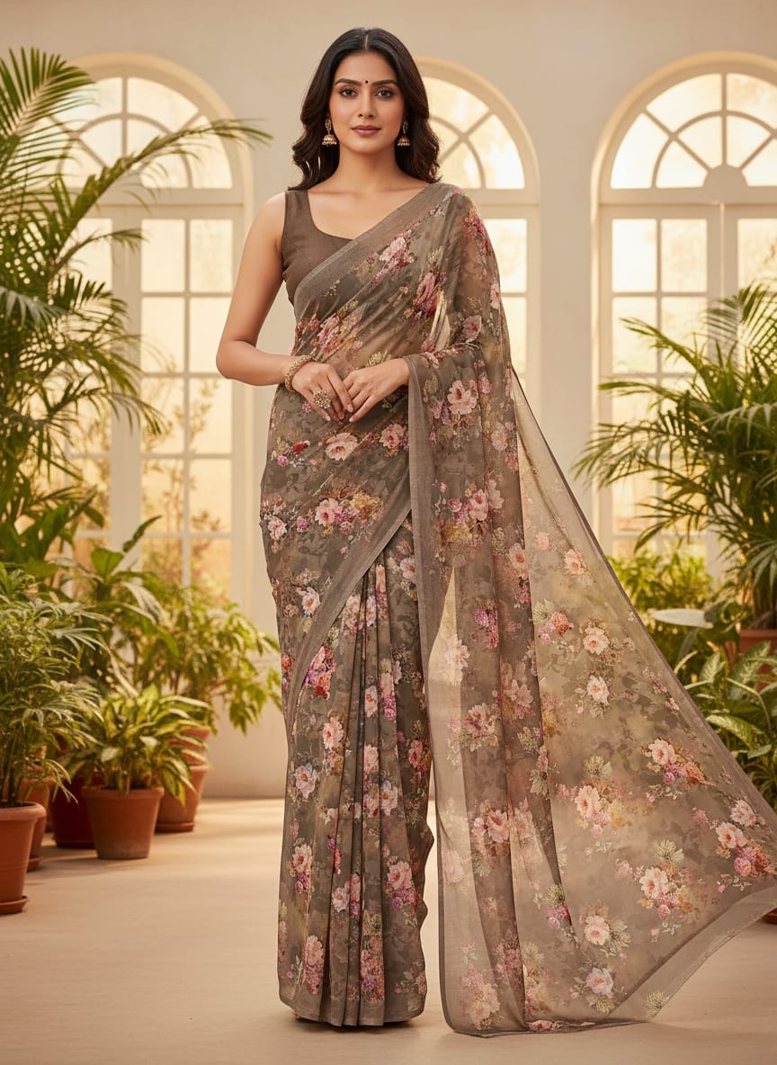 Brown Vintage Rose Bouquet Print Kora Silk Digital Printed Fabric