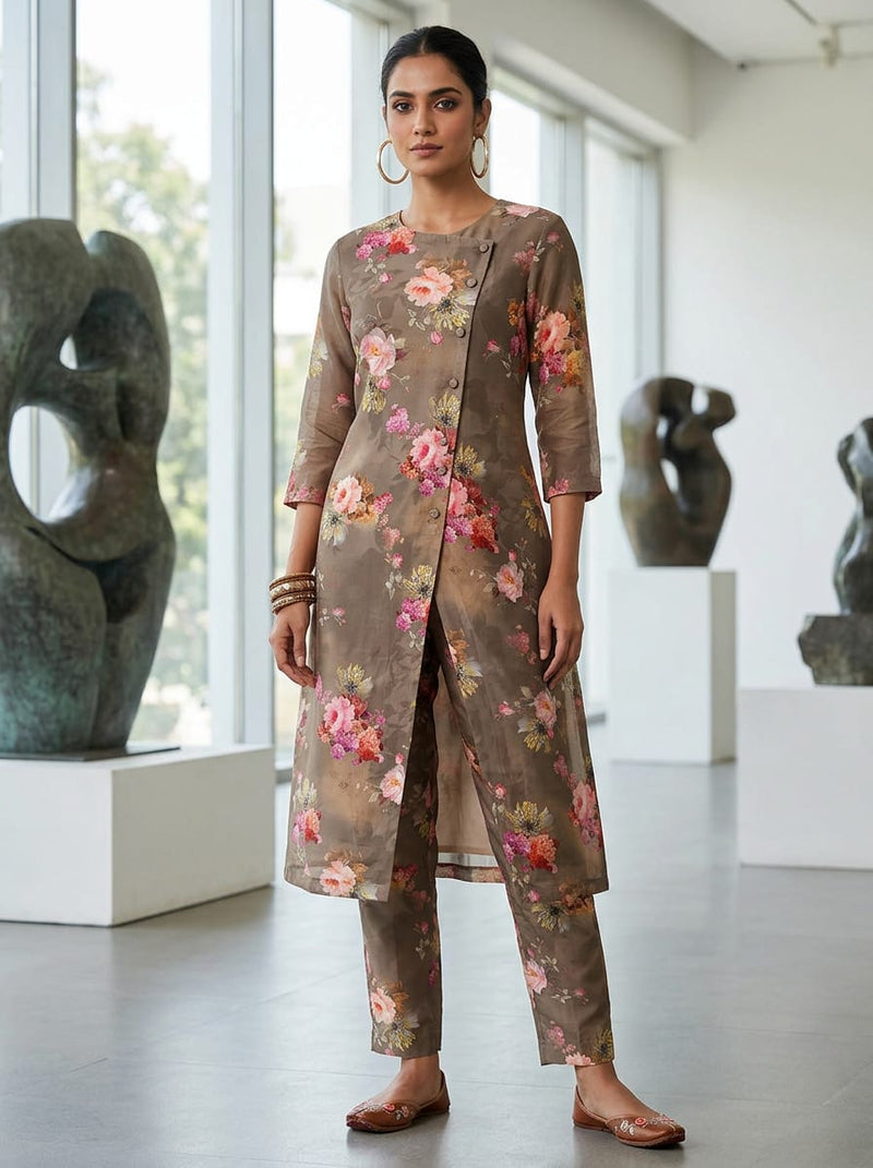 Brown Vintage Rose Bouquet Print Kora Silk Digital Printed Fabric