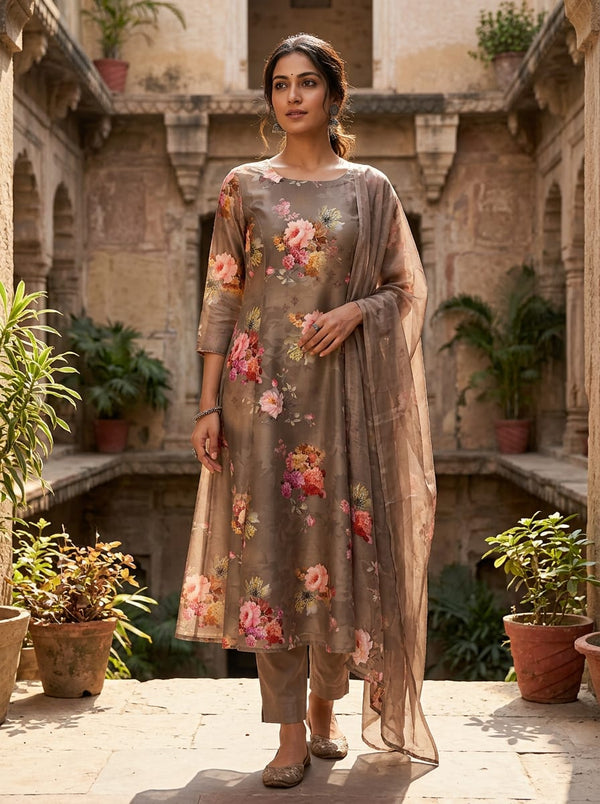 Brown Vintage Rose Bouquet Print Kora Silk Digital Printed Fabric - A-Line Kurta with Salwar Lookbook - KS-0-TA7309P1-110 - alternate view